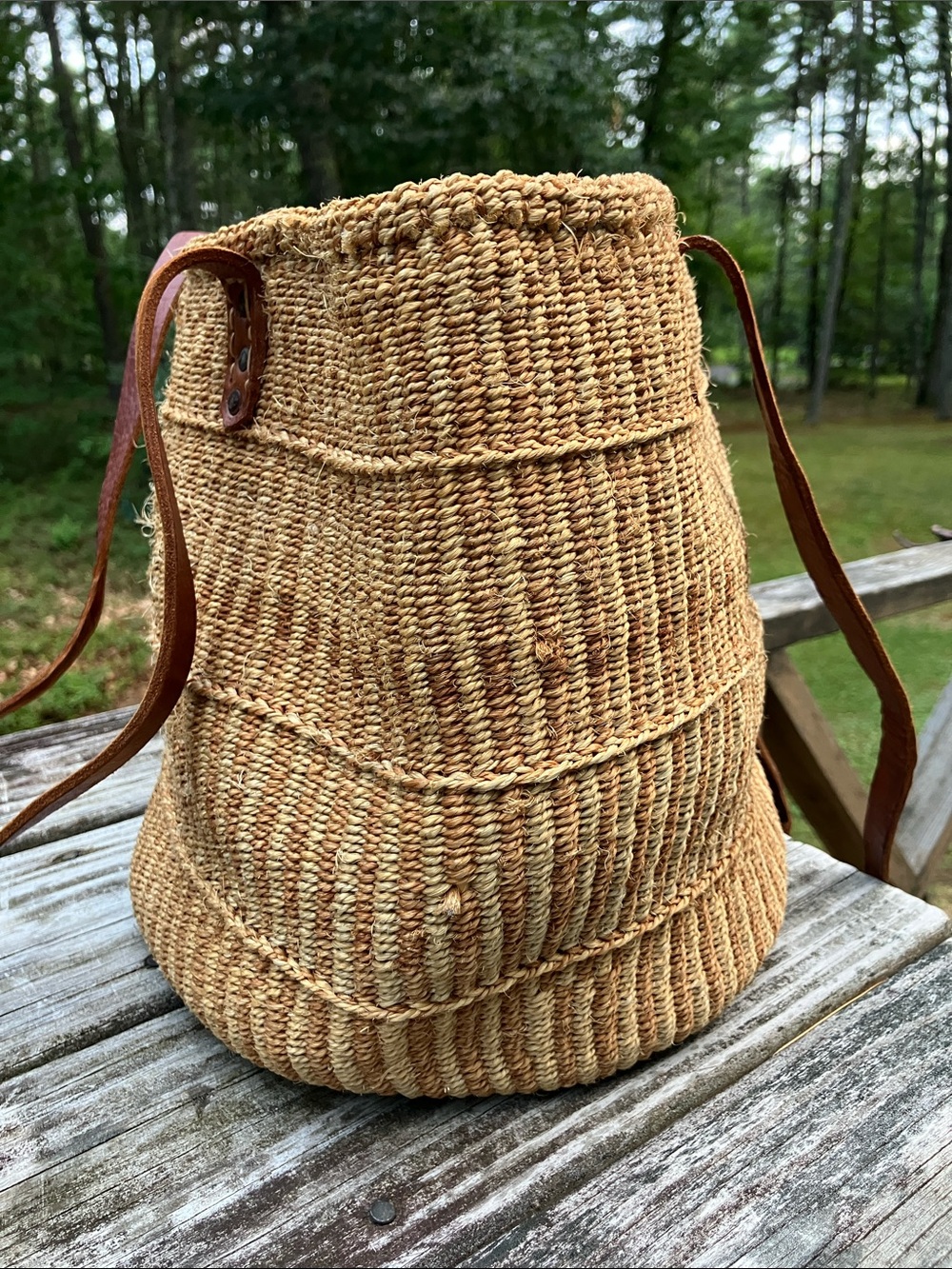 Vintage French Market Bag Sisal Straw Tote Leather Straps - Picture 6 of 13
